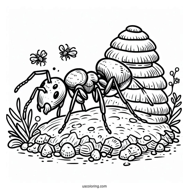 Ant Coloring Page Flashcard For Drone, Worker, Queen, And Anthill