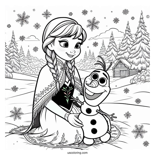 Anna And Olaf Playing In The Snow Coloring Page