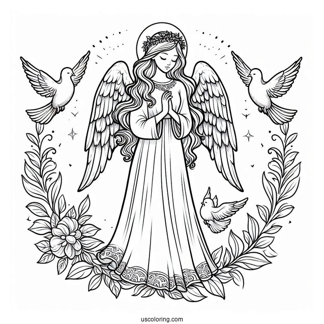 Divine Angel With Doves Coloring Page