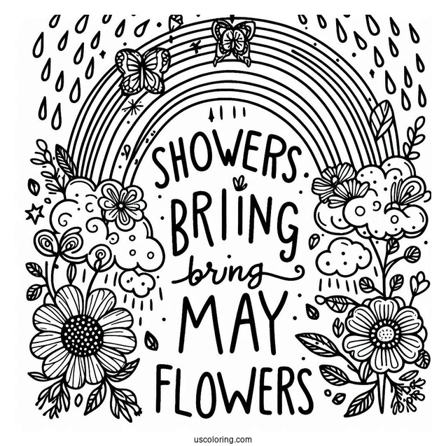 Rainbow Over April Coloring Page Showers Bring May Flowers Words Kids