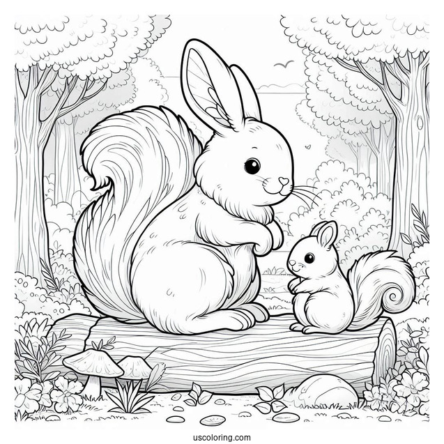 Cute Rabbit And Squirrel Playing In The Forest In April Coloring Page