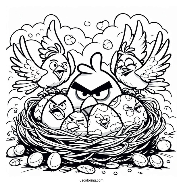 Coloring Page Of Angry Birds Around Eggs In Nest