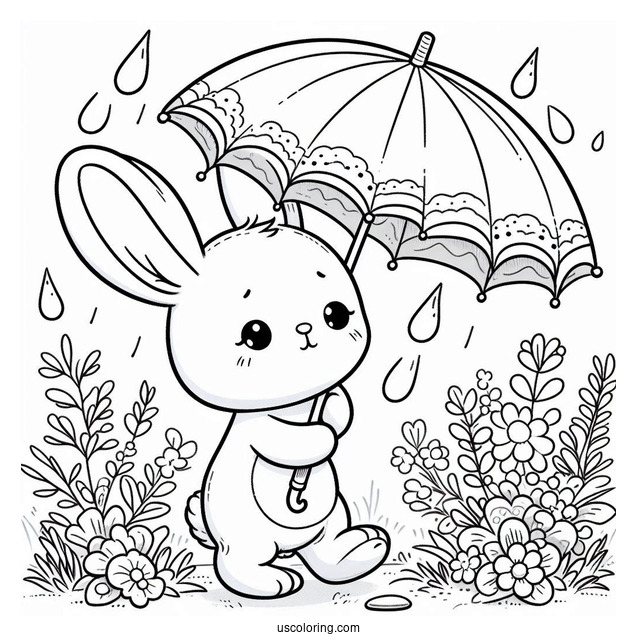 Rabbit With An Umbrella Taking A Stroll In April Coloring Page