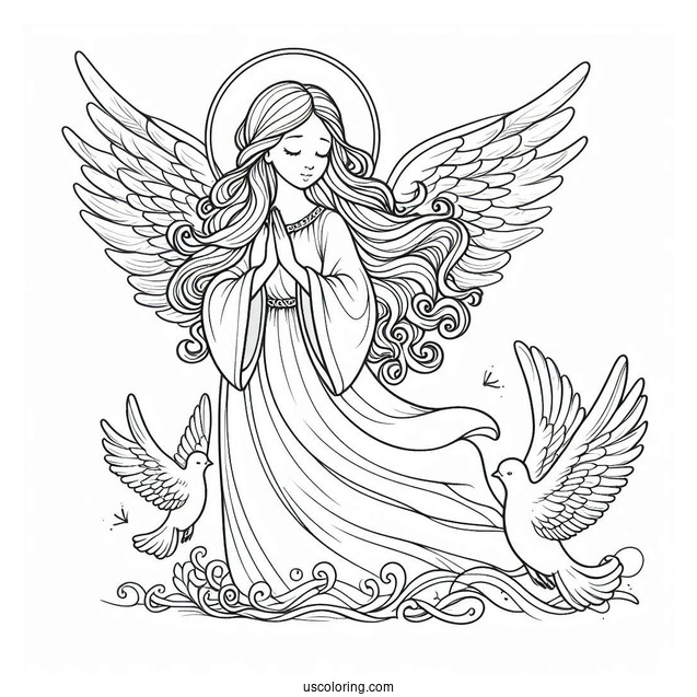 Divine Angel With Doves Coloring Page
