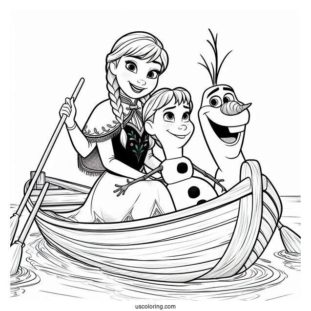 Anna And Olaf Riding Ice Boat In Water Coloring Page