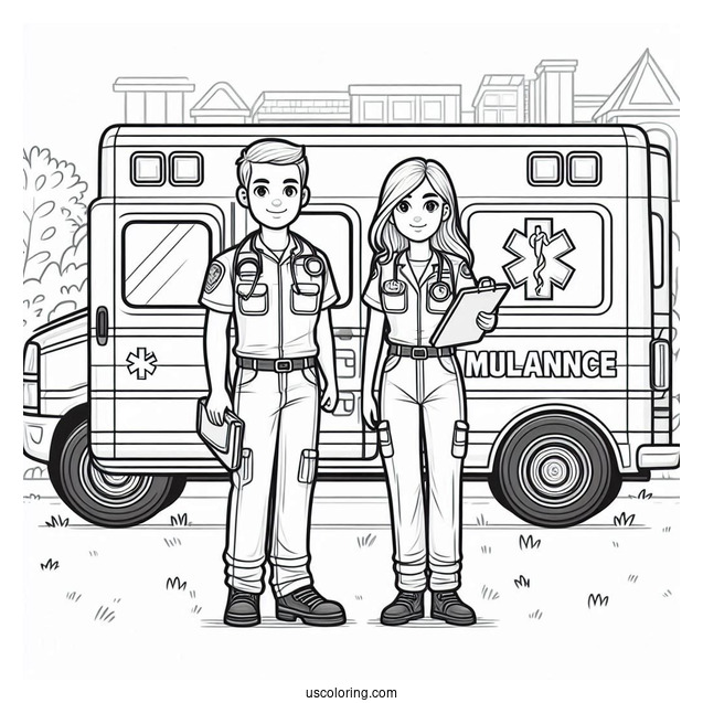 Male And Female Paramedics Standing In Front Of An Ambulance Coloring Page