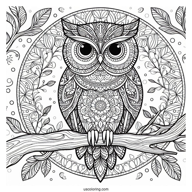 Owl Perched On A Tree Animal Mandala Coloring Page