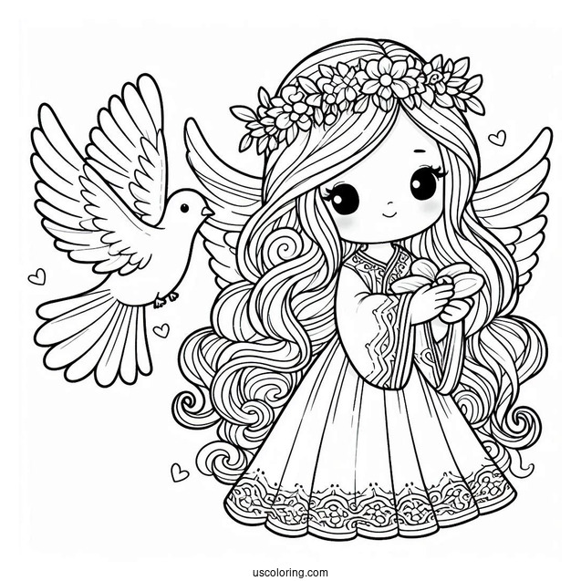 Adorable Angel Girl Holding a Dove To Color