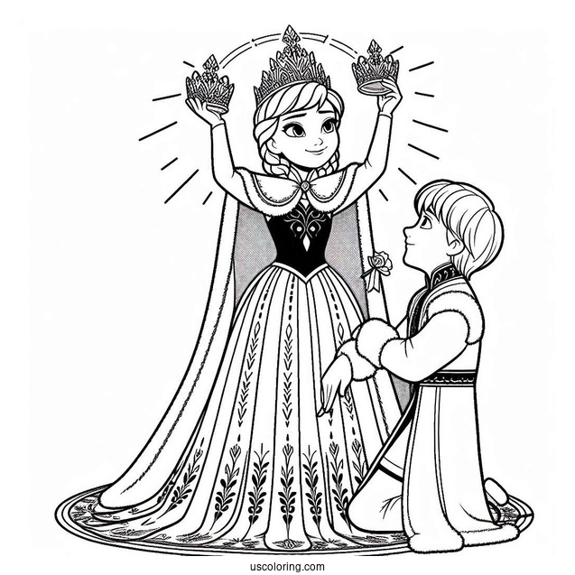 Queen Anna In Coronation With Olaf Coloring Page