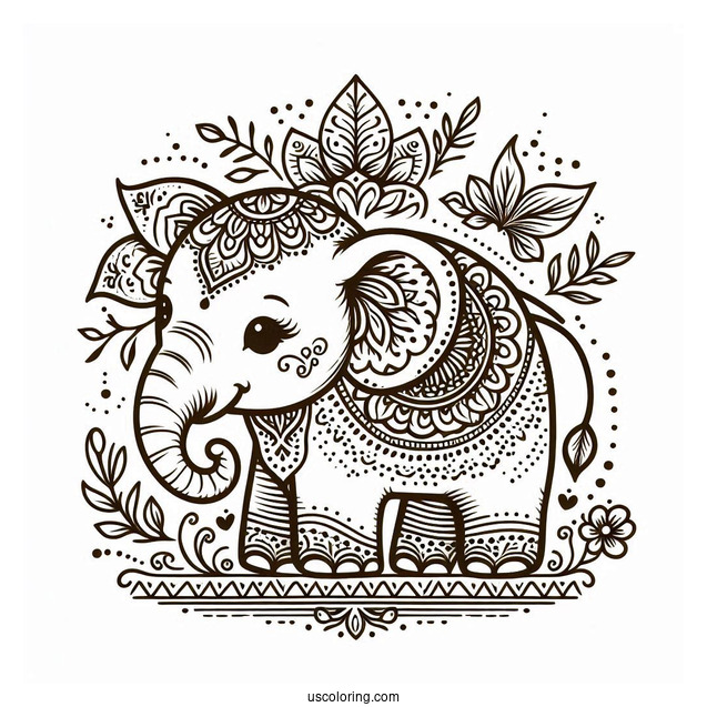 Vintage Baby Elephant Animal Mandala Coloring Page