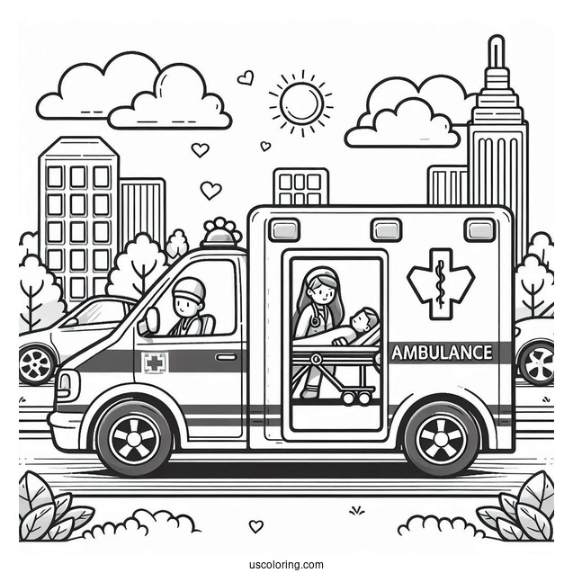Ambulance Coloring Page Dropping Off Patient At Hospital For Kids