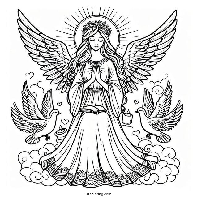 Divine Angel With Doves Coloring Page