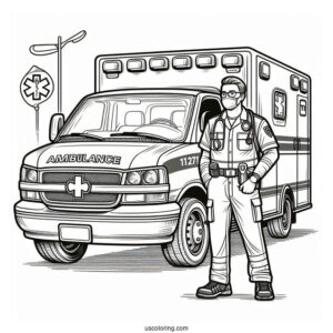 Paramedics With Medical Equipment In Front Of An Ambulance Coloring Page