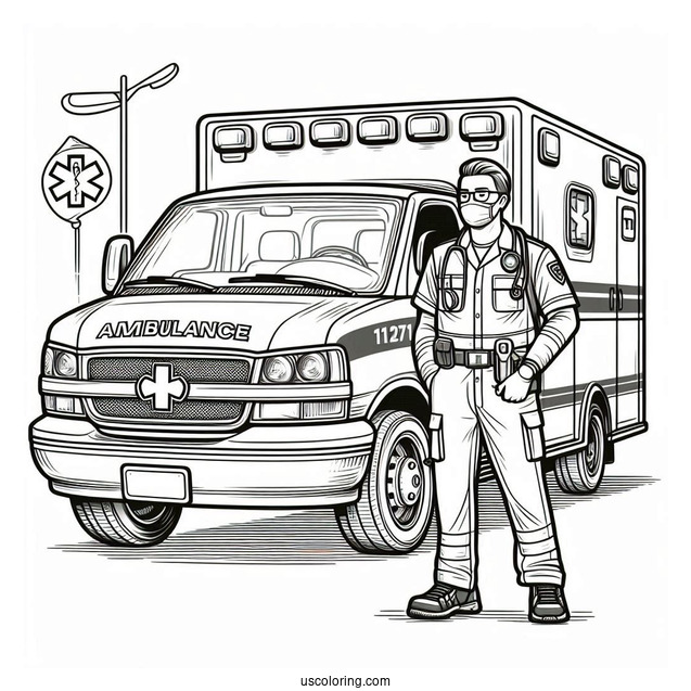 Paramedics With Medical Equipment In Front Of An Ambulance Coloring Page
