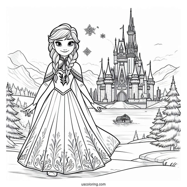 Anna Standing In Front Of Elsa s Winter Castle Coloring Sheet