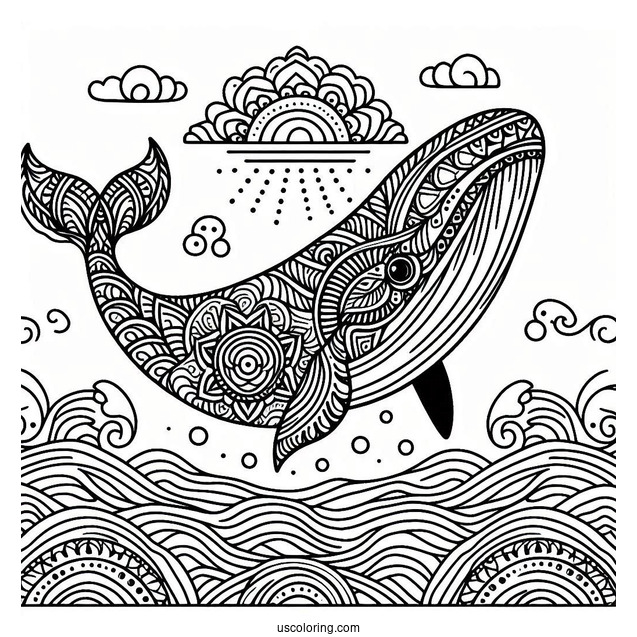 Whale Surfacing From The Waves Animal Mandala Coloring Page