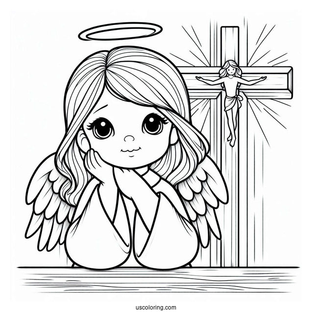 Young Angel Next To Jesus Cross To Color