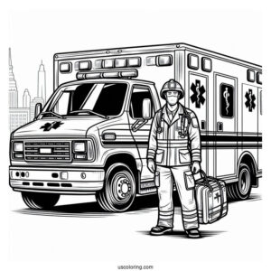 Paramedics With Medical Equipment In Front Of An Ambulance Coloring Page