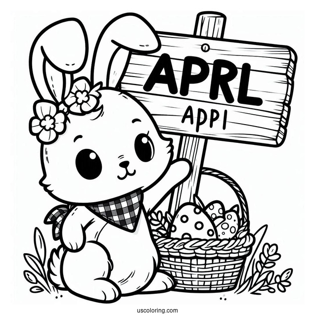 Easter Bunny Holding An April Coloring Page Signage For Kids