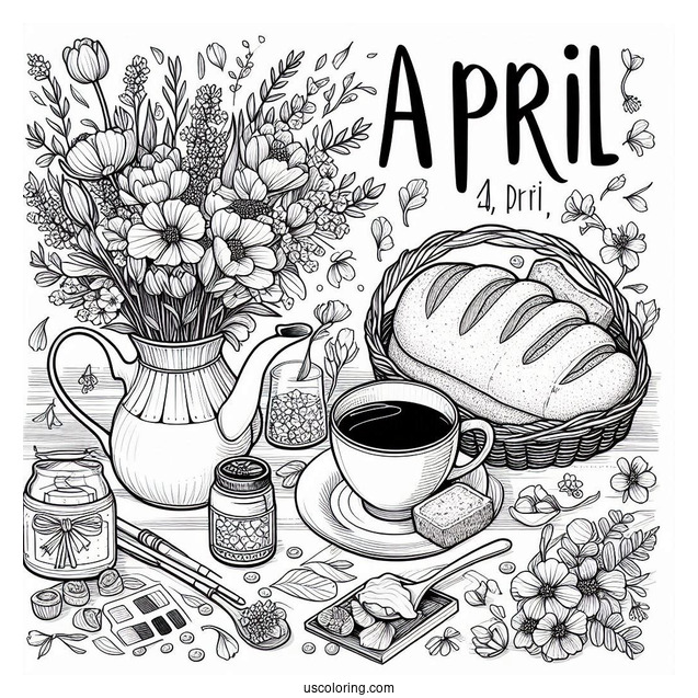 Calm April Coloring Page Morning With Tea, Bread And Flowers