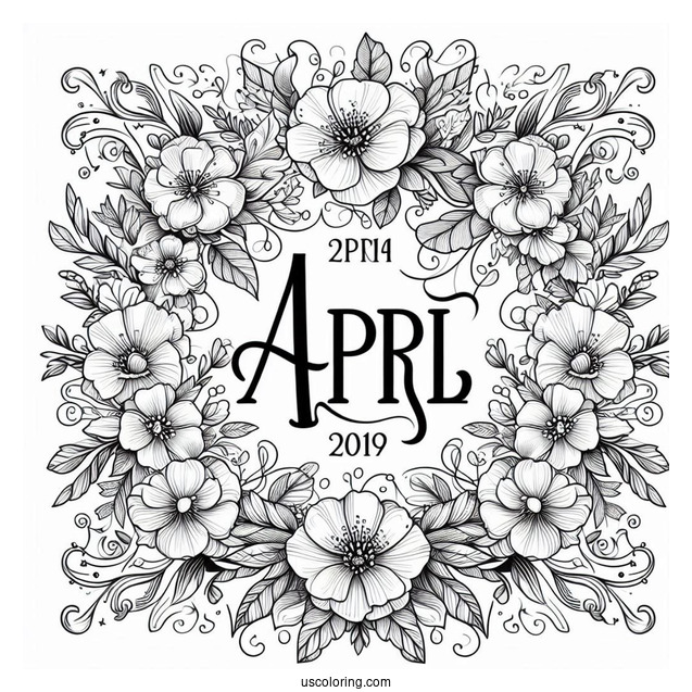 Elegant April Coloring Page Script With Floral Frame