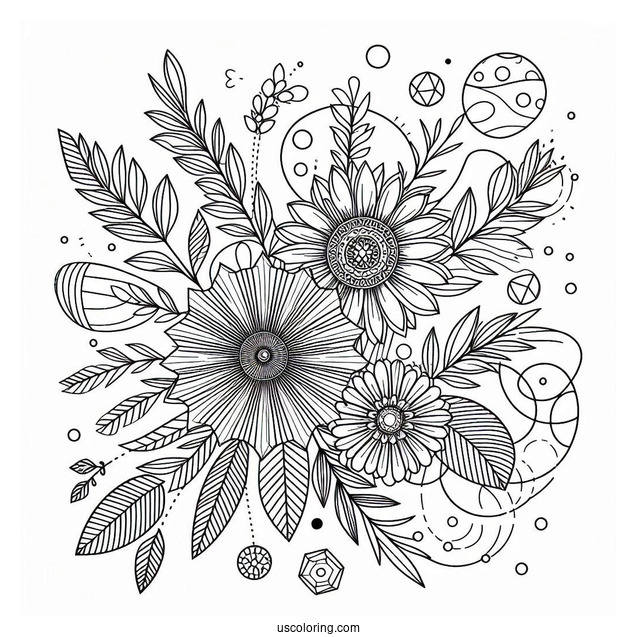 Flowers And Geometric Abstract Coloring Page