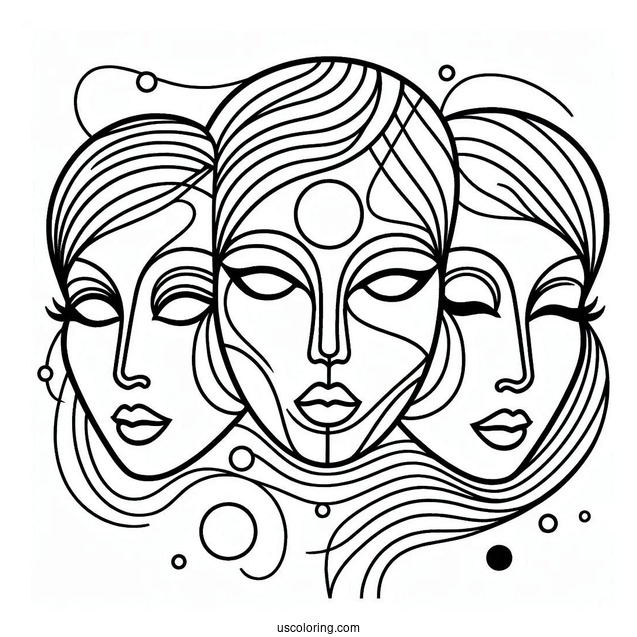 Three Faces Abstract Coloring Page