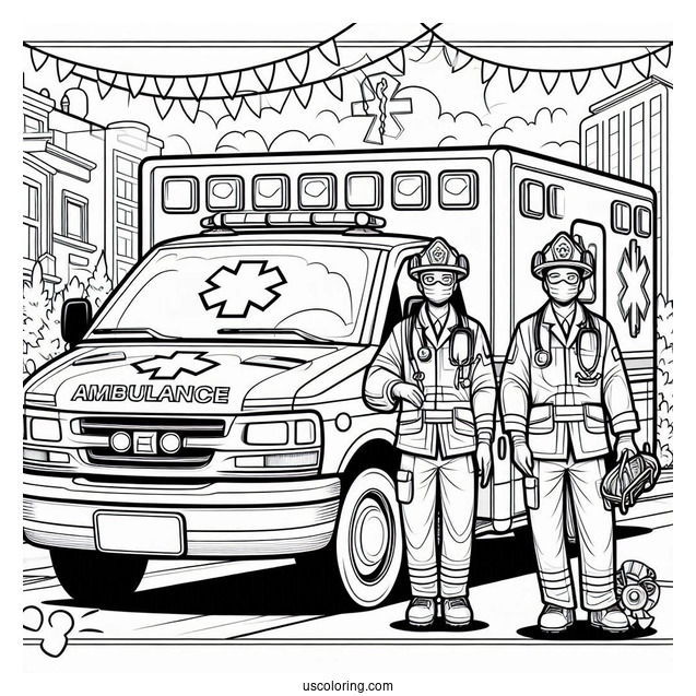 Paramedics With Medical Equipment In Front Of An Ambulance Coloring Page