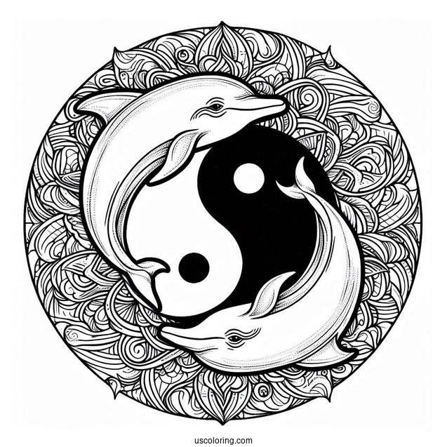 Dolphin Between Two Yin And Yang Animal Mandala Coloring Page