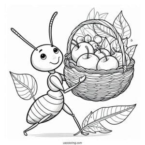 Ant Coloring Page Carrying Leaf Basket Of Fruits