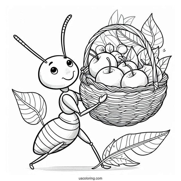 Ant Coloring Page Carrying Leaf Basket Of Fruits