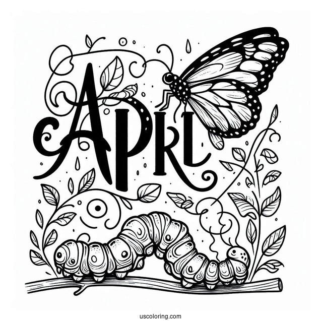 April Coloring Page Script Above Butterfly Perched On A Caterpillar