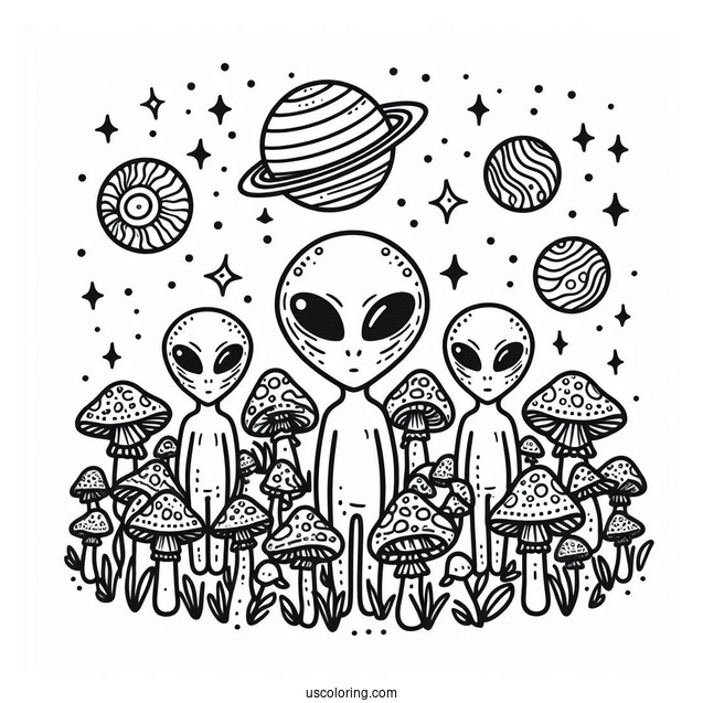 Trippy Alien Coloring Page Surrounded By Mushrooms With Planet At The Back