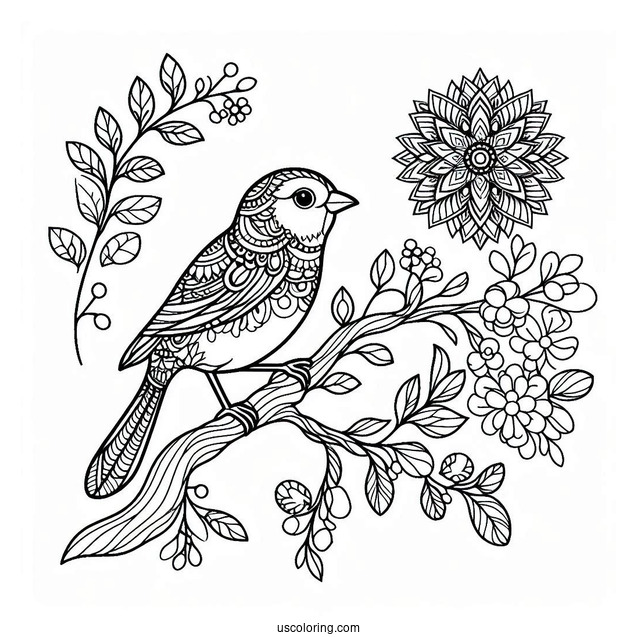 Realistic Bird Perched On A Tree Branch Animal Mandala Coloring Page