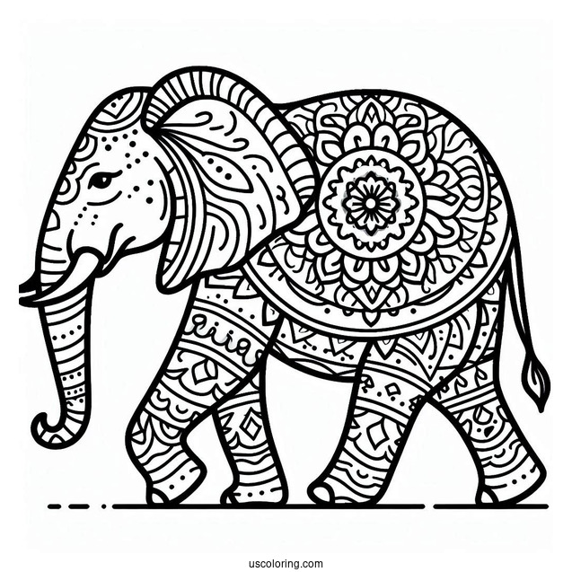 Simple Walking Elephant Animal Mandala Coloring Page