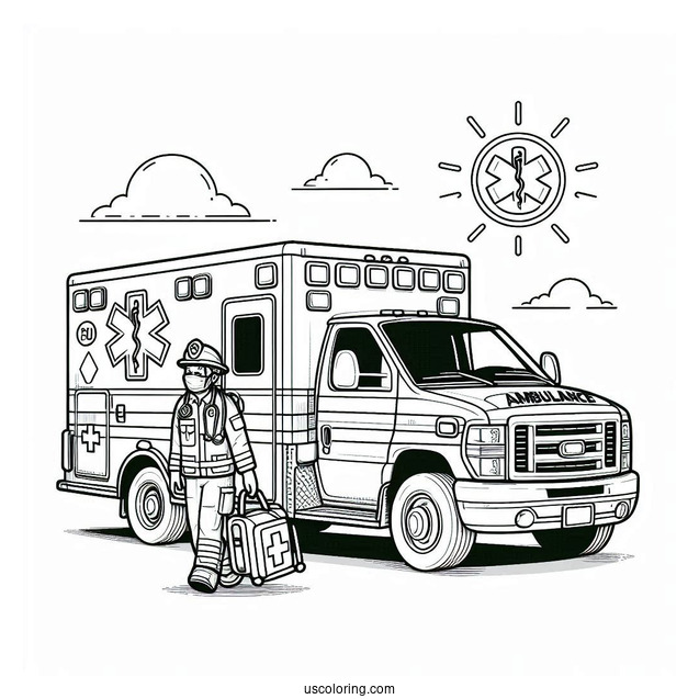 Paramedics With Medical Equipment In Front Of An Ambulance Coloring Page