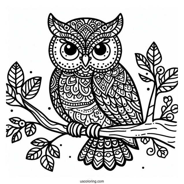 Owl Perched On A Tree Animal Mandala Coloring Page