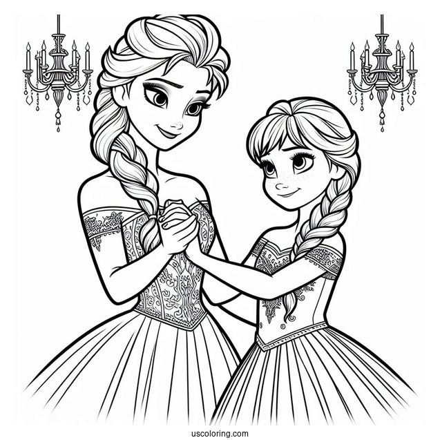 Anna And Elsa Holding Hands In Ballroom Coloring Sheet