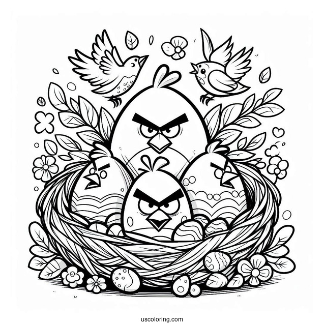 Coloring Page Of Angry Birds Around Eggs In Nest