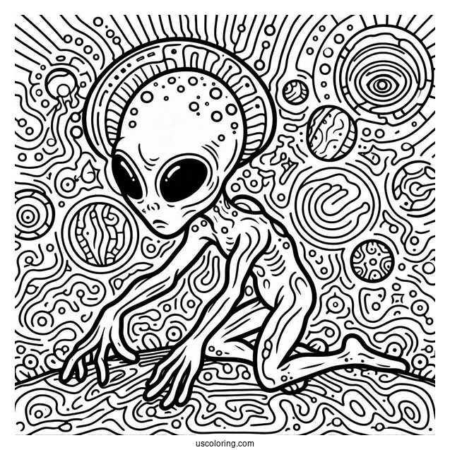 Simple Alien Coloring Page With Trippy Background