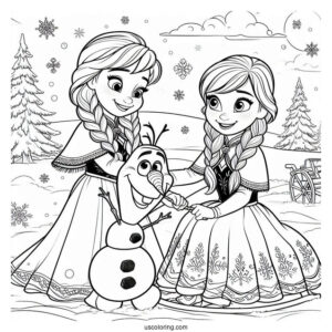 Anna And Olaf Playing In The Snow Coloring Page