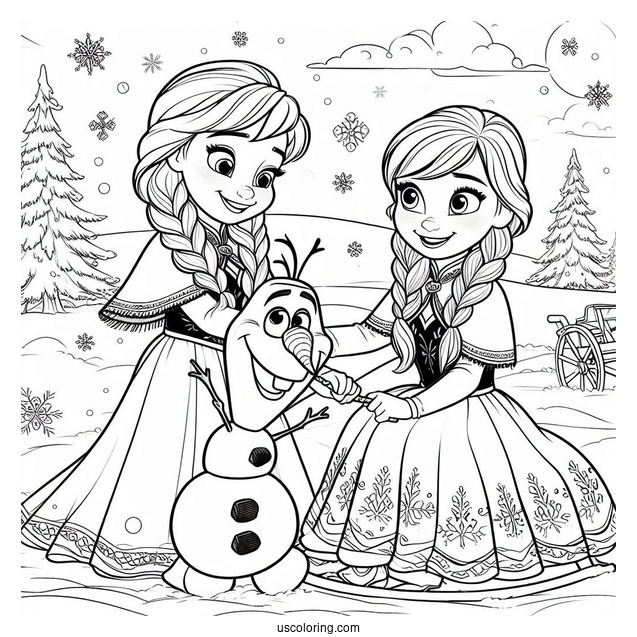 Anna And Olaf Playing In The Snow Coloring Page