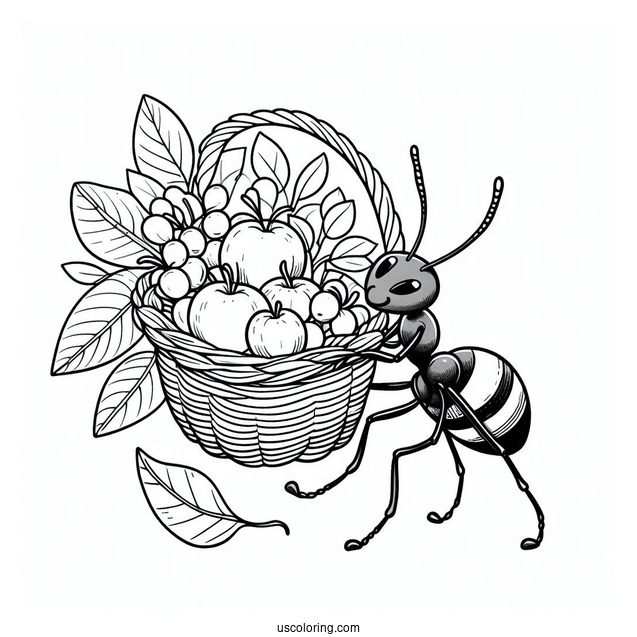 Ant Coloring Page Carrying Leaf Basket Of Fruits