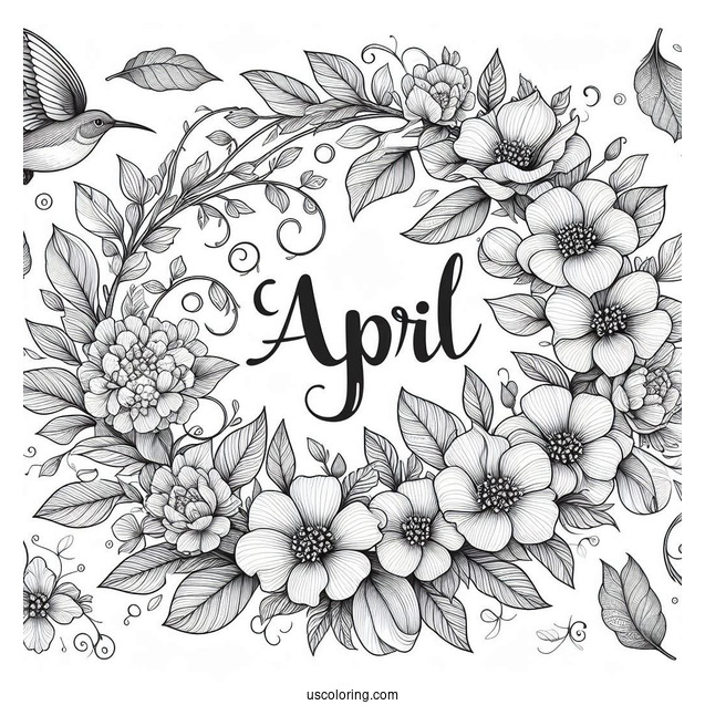 Elegant April Coloring Page Script With Floral Frame
