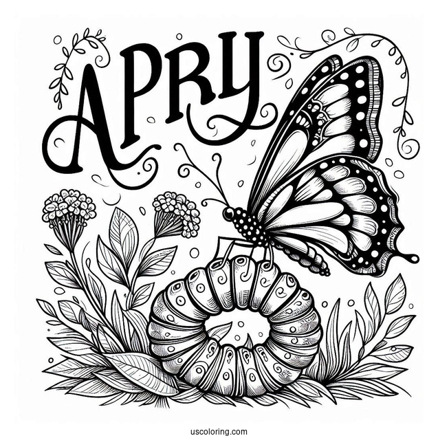April Coloring Page Script Above Butterfly Perched On A Caterpillar