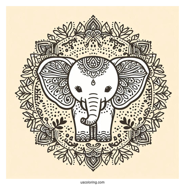 Vintage Baby Elephant Animal Mandala Coloring Page