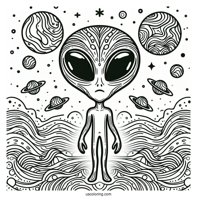 Simple Alien Coloring Page With Trippy Background