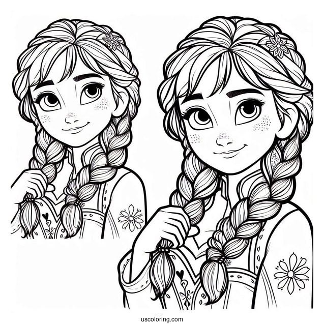 Simple Anna Holding Braids Coloring Sheet