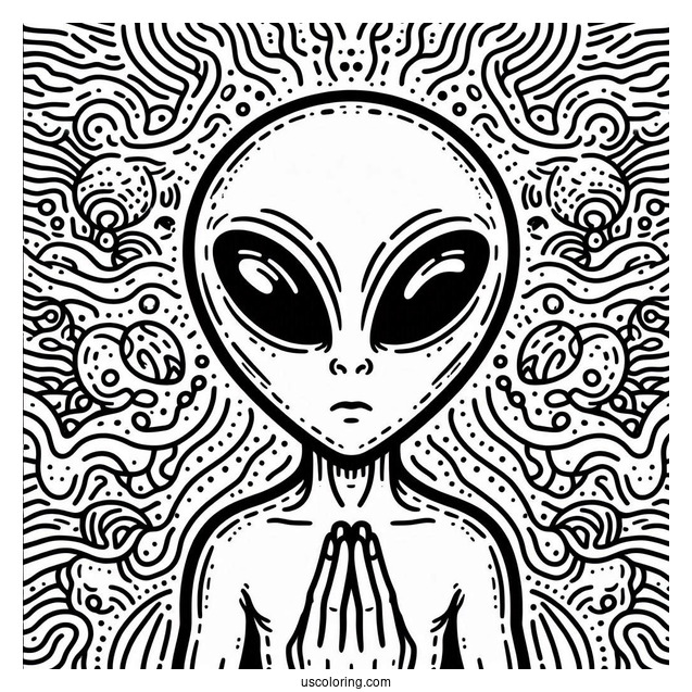Simple Alien Coloring Page With Trippy Background