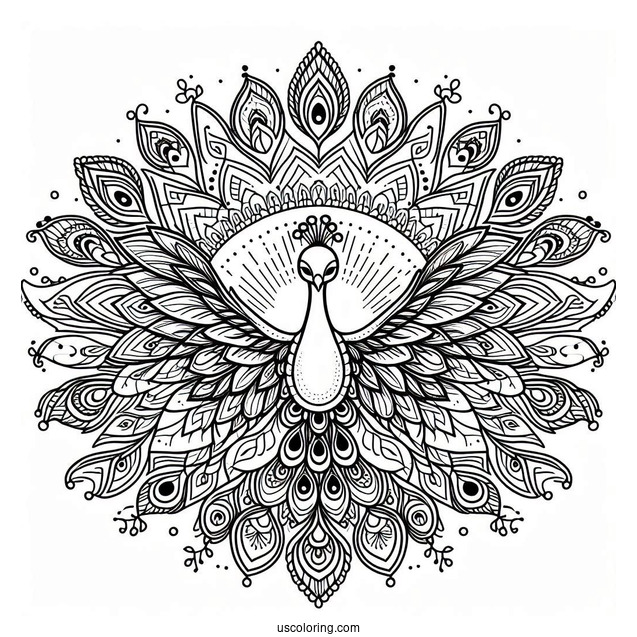 Peacock Spreading Its Wings Animal Mandala Coloring Page